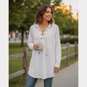 Aerie Women's White Cotton Lace Cage Hoodie M Oversized Pullover Sweatshirt VG